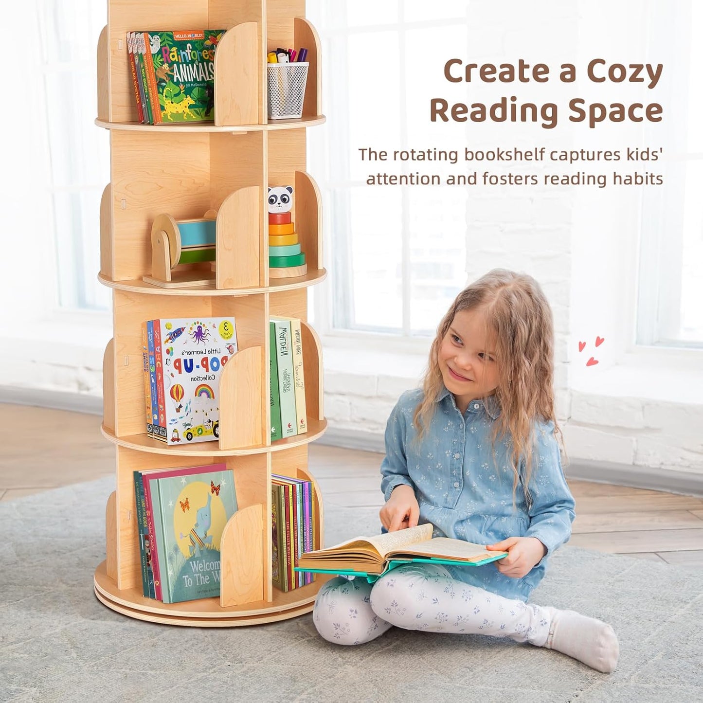 Rotating Corner Bookcase 🌀 | 4-Tier, Stable Design for Home & Kids' Room ✨
